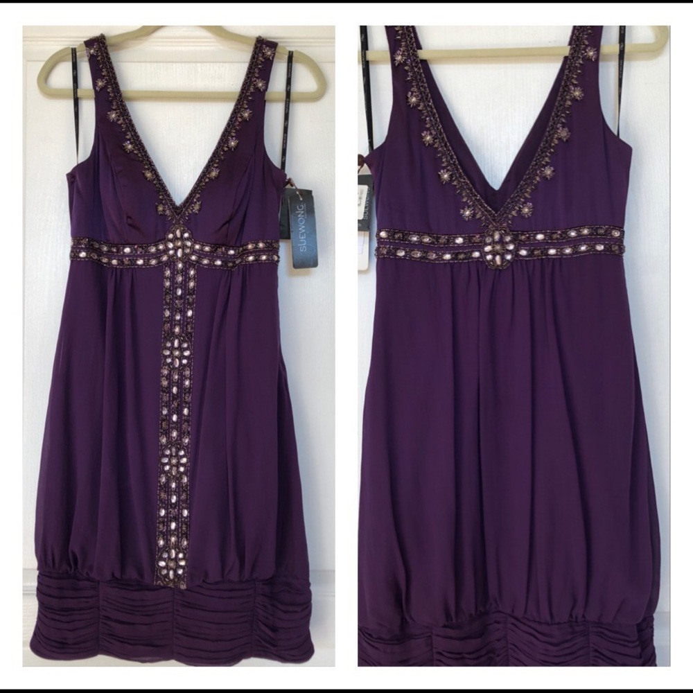 Sue Wong short plum purple beaded dress 6 prom NWT